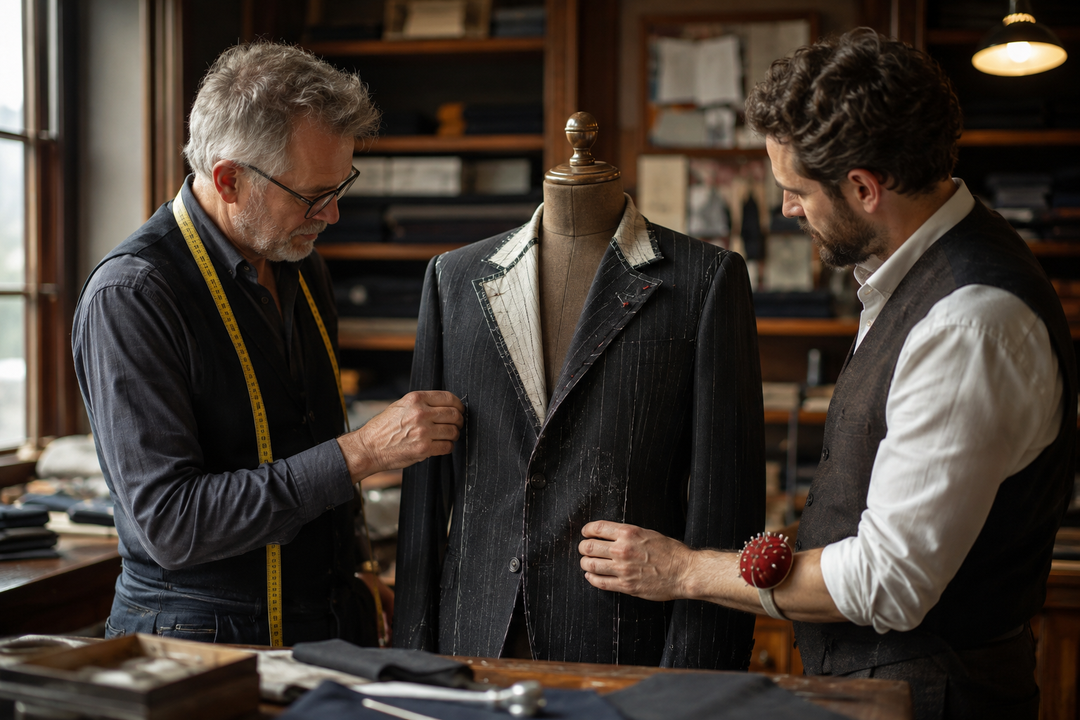 Deux tailleurs consultant autour d'un mannequin bois en veste épinglée